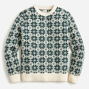 J.Crew 100% Lambswool Fair Isle Green Cream Crewneck Sweater Large